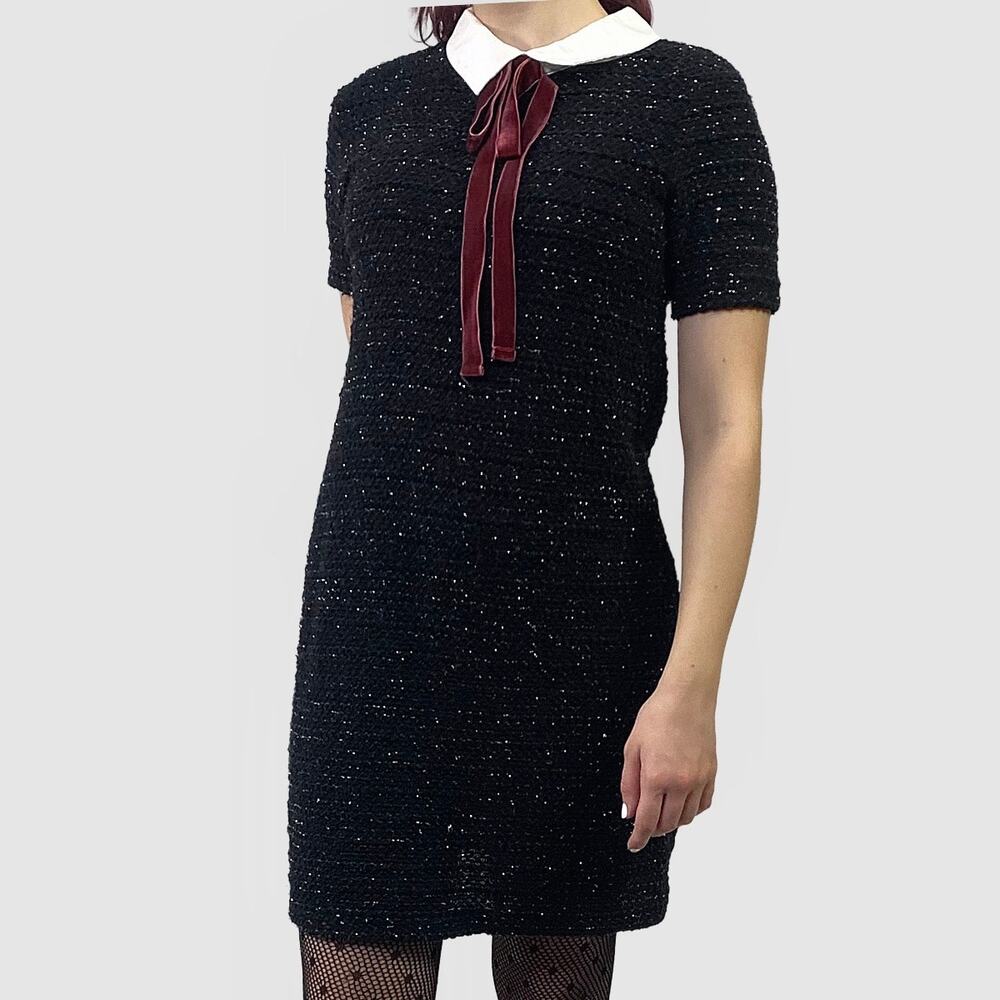 Zara Black Tweed Mini Dress with White Collar and Burgundy Bow